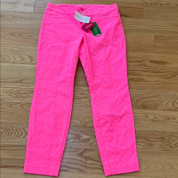 NWT! Lilly Pulitzer SZ 8 Sunset Pink Textured kelly skinny ankle Pants.
